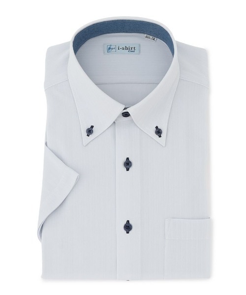 Perfect Suit FActory（パーフェクトスーツファクトリー）の「【完全 ノーアイロン/防汚抗菌/吸汗速乾/冷却素材】WEB限定　半袖アイシャツ　別布　ストライプ織　ホワイト/サックス（ビジネスシャツ・メンズ・ホワイト/サックスブルー・M/L/LL/3L/S）」の2枚目の写真