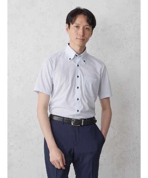 Perfect Suit FActory（パーフェクトスーツファクトリー）の「【完全 ノーアイロン/防汚抗菌/吸汗速乾/冷却素材】WEB限定　半袖アイシャツ　別布　ストライプ織　ホワイト/サックス（ビジネスシャツ・メンズ・ホワイト/サックスブルー・M/L/LL/3L/S）」の9枚目の写真