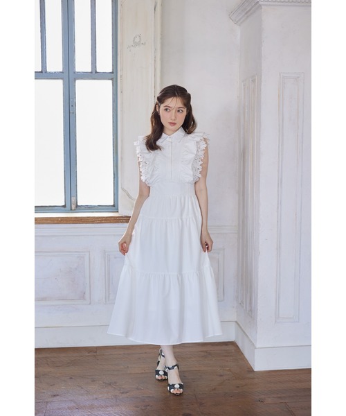 フラワーレース×フリル付きティアードシャツワンピース　tocco closet フラワーレース×フリル付きティアードシャツワンピース