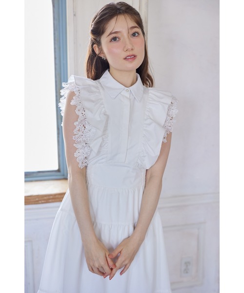 フラワーレース×フリル付きティアードシャツワンピース