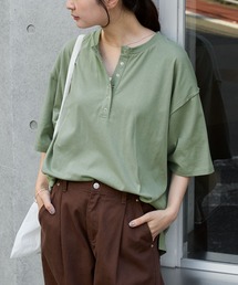 【anyway.シリーズ】ヘンリーネック ドロップショルダー オーバーサイズ半袖Tシャツ