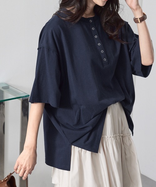 ヘンリーネックドロップショルダーオーバーサイズ半袖Tシャツ