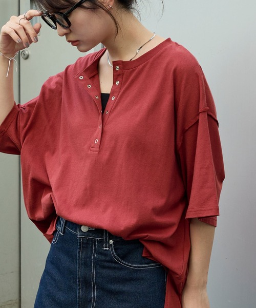ヘンリーネックドロップショルダーオーバーサイズ半袖Tシャツ