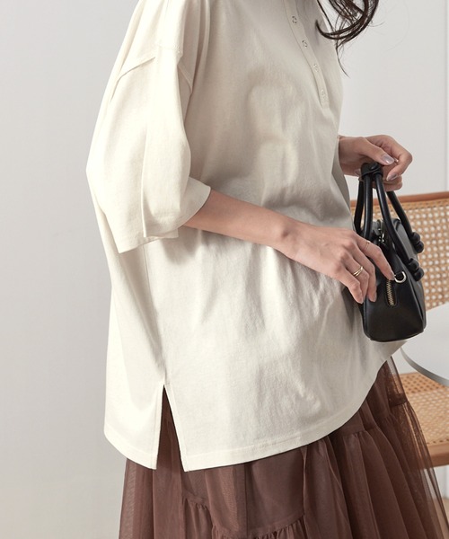 ヘンリーネックドロップショルダーオーバーサイズ半袖Tシャツ