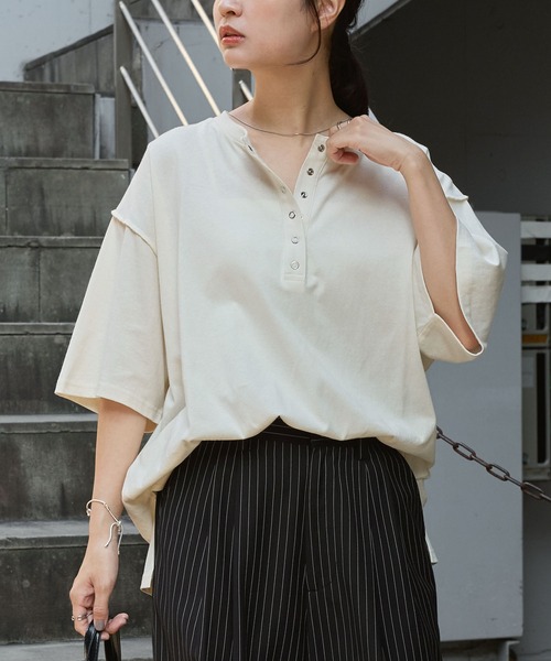 ヘンリーネック ドロップショルダー オーバーサイズ半袖Tシャツ MONO