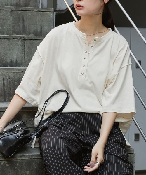 ヘンリーネック ドロップショルダー オーバーサイズ半袖Tシャツ
