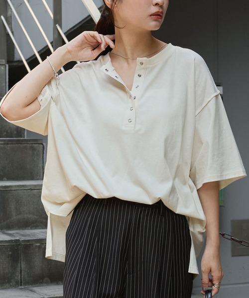 ヘンリーネック ドロップショルダー オーバーサイズ半袖Tシャツ MONO