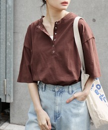 MONO-MART（モノマート）の「【anyway.シリーズ】ヘンリーネック ドロップショルダー オーバーサイズ半袖Tシャツ（Tシャツ/カットソー）」