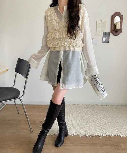 mily bilet（ミウィビレット）の「【mily bilet】トレンドのフリンジディテールで、華やかさをプラスしたニットベスト（ベスト・レディース・アイボリー/ブラウン・SMALL/MEDIUM/LARGE/X-LARGE）」の9枚目の写真