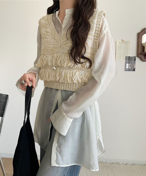 mily bilet（ミウィビレット）の「【mily bilet】トレンドのフリンジディテールで、華やかさをプラスしたニットベスト（ベスト・レディース・アイボリー/ブラウン・SMALL/MEDIUM/LARGE/X-LARGE）」の7枚目の写真