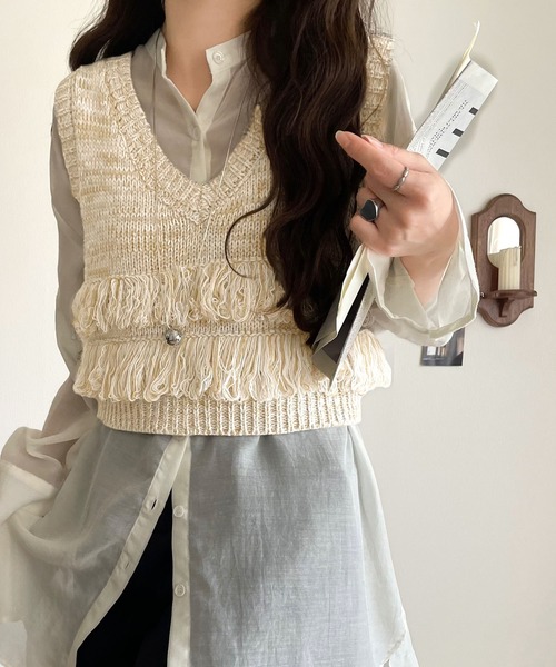 mily bilet（ミウィビレット）の「【mily bilet】トレンドのフリンジディテールで、華やかさをプラスしたニットベスト（ベスト・レディース・アイボリー/ブラウン・SMALL/MEDIUM/LARGE/X-LARGE）」の8枚目の写真