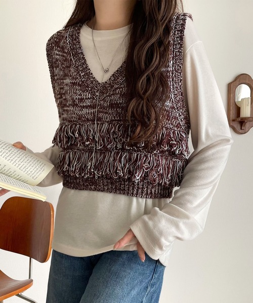 mily bilet（ミウィビレット）の「【mily bilet】トレンドのフリンジディテールで、華やかさをプラスしたニットベスト（ベスト・レディース・アイボリー/ブラウン・SMALL/MEDIUM/LARGE/X-LARGE）」の10枚目の写真