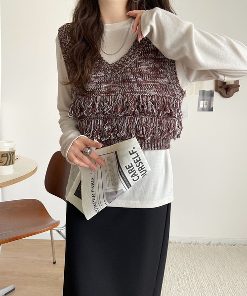 mily bilet（ミウィビレット）の「【mily bilet】トレンドのフリンジディテールで、華やかさをプラスしたニットベスト（ベスト・レディース・アイボリー/ブラウン・SMALL/MEDIUM/LARGE/X-LARGE）」の16枚目の写真