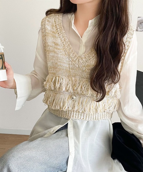 mily bilet（ミウィビレット）の「【mily bilet】トレンドのフリンジディテールで、華やかさをプラスしたニットベスト（ベスト・レディース・アイボリー/ブラウン・SMALL/MEDIUM/LARGE/X-LARGE）」の5枚目の写真
