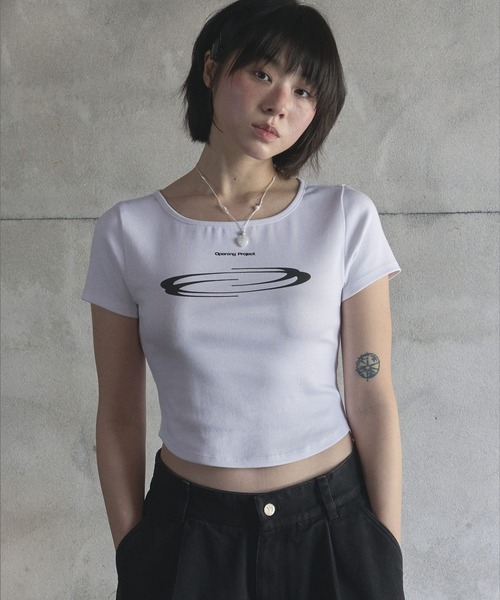 Opening Project（オープニングプロジェクト）の「Opening Project／クロップドシンボルＴ（Tシャツ/カットソー・レディース・ホワイト/ライトブルー・MEDIUM/SMALL）」の2枚目の写真