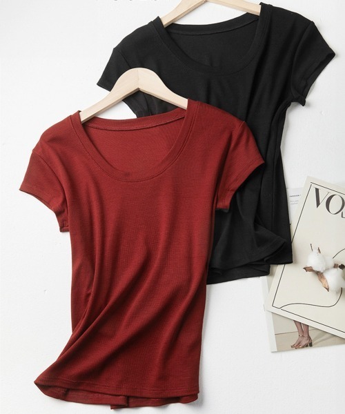 Miniministore(ミニミニストア)の「UネックTシャツ レディース 半袖 夏服(Tシャツ/カットソー・レディース・ワインレッド/モカ/ブラック/オフホワイト・FREE)」の18枚目の写真