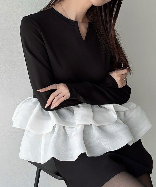 セール】薄手バルーンフリル長袖ペプラムトップス（Tシャツ/カットソー