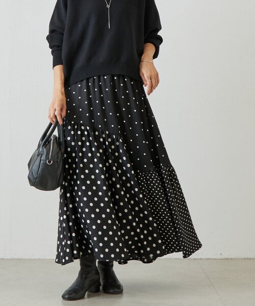 【美品】ビアズリーブラック　ドットパッチワークロングスカート　0 ドットパッチワークロングスカート（スカート）｜BEARDSLEY