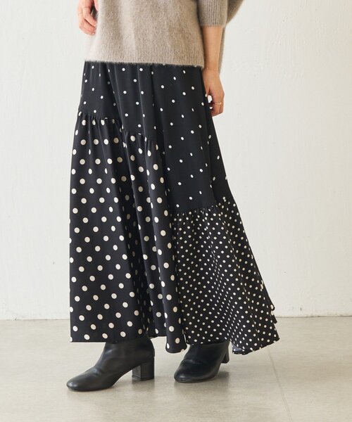 ビアズリー【F】ドット ロングスカート　水玉　パッチワーク 春夏秋　人気　黒 BEARDSLEY スカート ドットパッチワークロングスカート