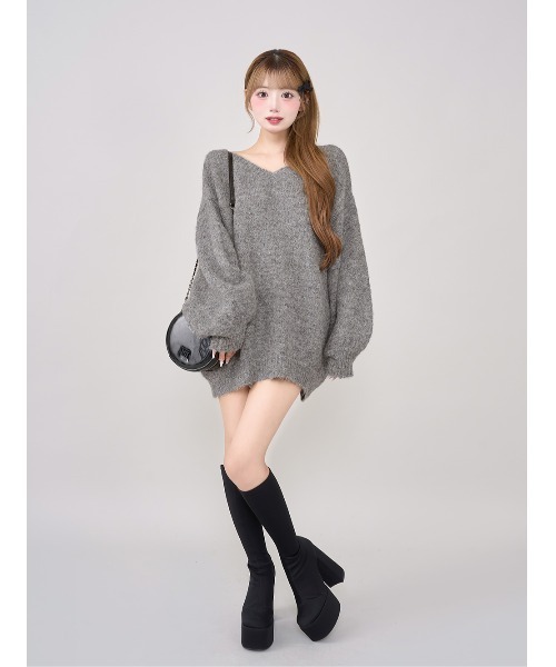 ダーリッチビッグリボンバックオープンニットトップス GRY ダーリッチ Darich ビッグリボンバックオープンニットトップス