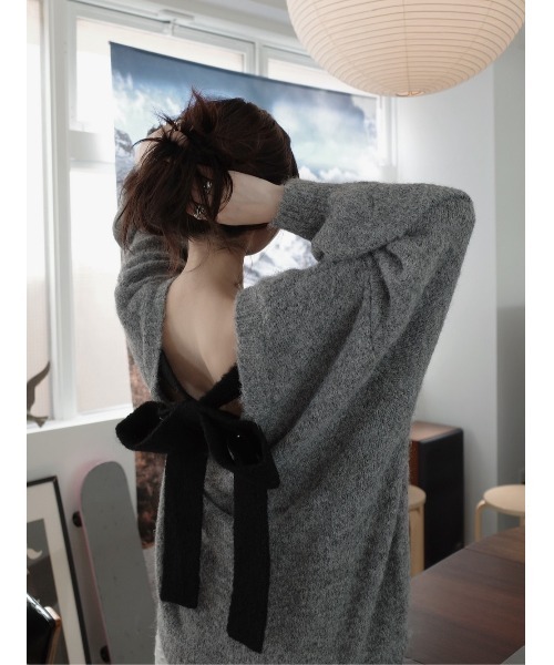 ビッグリボンバックオープンニットトップス（ニット/セーター