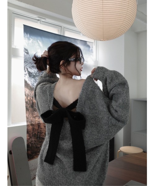 ビッグリボンバックオープンニットトップス（ニット/セーター