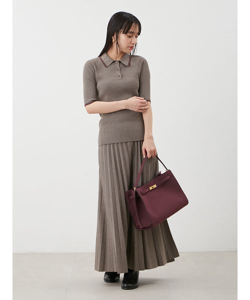 新品タグ付　ポロ衿リブニットプルオーバー　茶色　Mila Owen WEB限定カラー】【セットアップ対応】ポロ衿リブニットプルオーバー