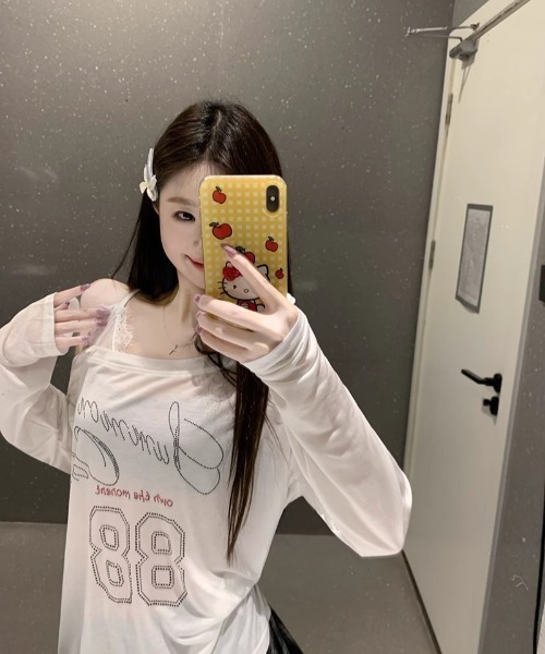 DEVICE(デバイス)の「シアー ストーン ナンバリング オフショルダー レイヤード ロンT トップス Y2K(Tシャツ/カットソー・レディース・ホワイト/ブラック・FREE)」の15枚目の写真