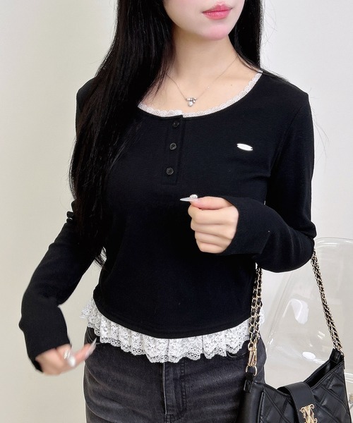 INGNI(イング)の「ヘンリーネックレース付プレートロゴ長袖リブトップス/A(Tシャツ/カットソー・レディース・ボルドー/ブラック/グレー・M)」の8枚目の写真