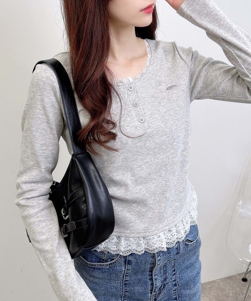 INGNI(イング)の「ヘンリーネックレース付プレートロゴ長袖リブトップス/A(Tシャツ/カットソー・レディース・ボルドー/ブラック/グレー・M)」の15枚目の写真