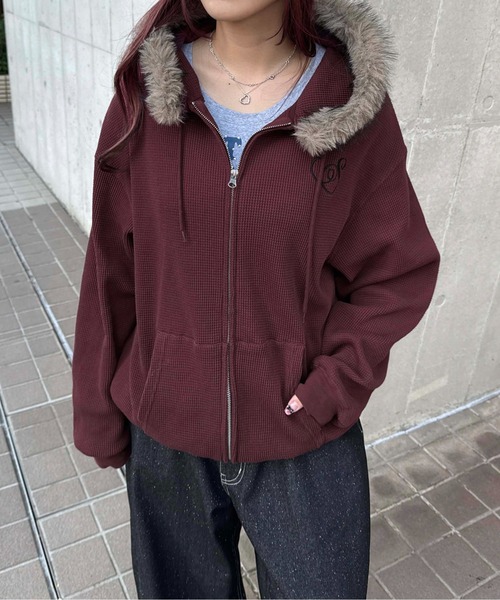 sedacle（セダクル）の「2wayフェイクファーフードワッフルパーカー（パーカー・レディース・カモフラージュ/ボルドー/リアルツリーカモ/ブラック/ネイビー/チャコールグレー/ブラウン・SMALL/MEDIUM/LARGE）」の5枚目の写真