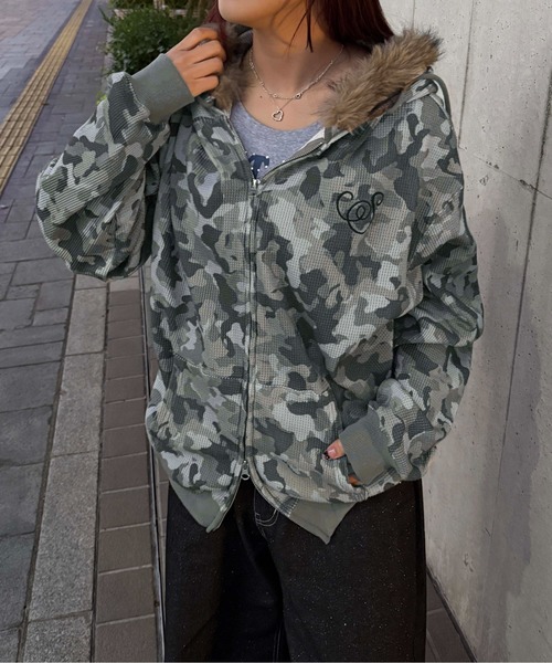 2wayフェイクファーフードワッフルパーカー（パーカー