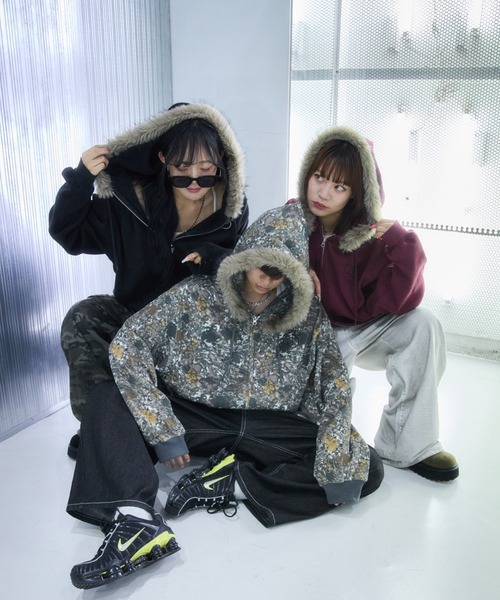 2wayフェイクファーフードワッフルパーカー（パーカー