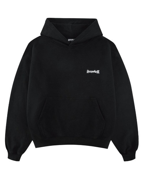 SUPPLIER(サプライヤー)の「A'GEM/9 × .kom 『SUPPLIER/サプライヤー』 Boxy Fit Cross Logo Hoodie/ボクシーフィット クロスロゴ プルオーバーパーカー(パーカー・メンズ・ブラック・XL/L/M)」の9枚目の写真