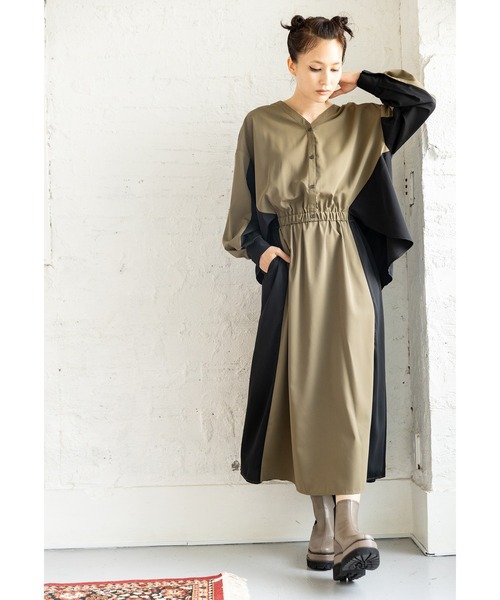 OSMOSIS(オズモーシス)の「バイカラーワンピース(ワンピース・レディース・ネイビー/カーキ/ブラック・ONE SIZE)」の5枚目の写真