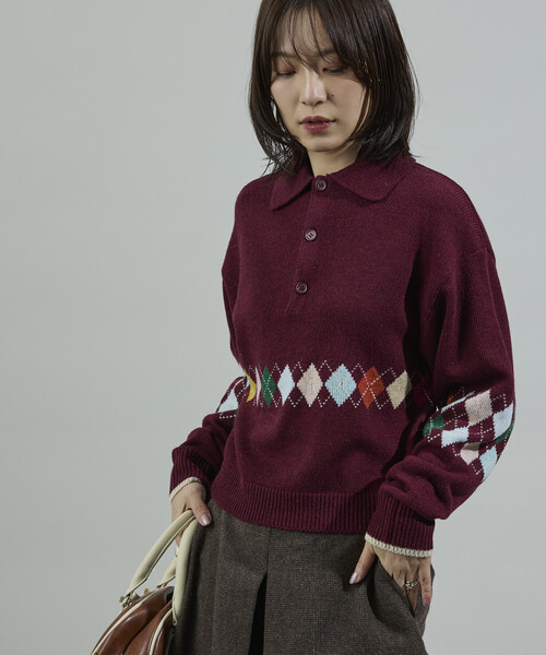 FREAK'S STORE(フリークスストア)の「配色 ミニアーガイル ポロニット/ポロ襟/襟付きニット(ニット/セーター・レディース・ワイン/チャコール/ネイビー・フリ-)」の1枚目の写真