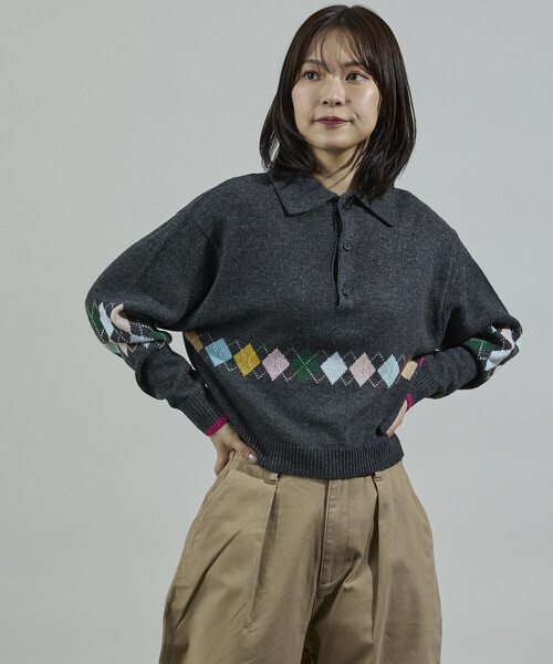 FREAK'S STORE(フリークスストア)の「配色 ミニアーガイル ポロニット/ポロ襟/襟付きニット(ニット/セーター・レディース・ワイン/チャコール/ネイビー・フリ-)」の4枚目の写真