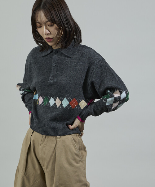 FREAK'S STORE(フリークスストア)の「配色 ミニアーガイル ポロニット/ポロ襟/襟付きニット(ニット/セーター・レディース・ワイン/チャコール/ネイビー・フリ-)」の5枚目の写真