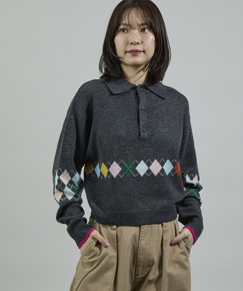 セール】配色 ミニアーガイル ポロニット/ポロ襟/襟付きニット（ニット
