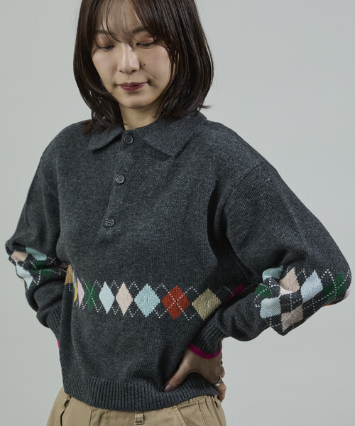 FREAK'S STORE(フリークスストア)の「配色 ミニアーガイル ポロニット/ポロ襟/襟付きニット(ニット/セーター・レディース・ワイン/チャコール/ネイビー・フリ-)」の7枚目の写真
