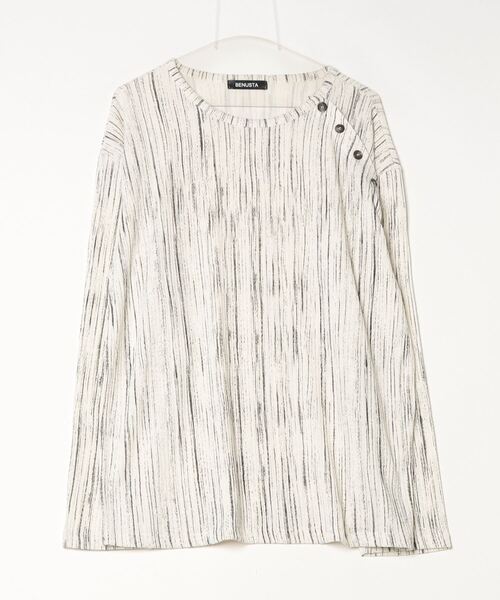 BENUSTA(ベヌスタ)の「A'GEM/9 × .kom 『BENUSTA/ベヌスタ』 Metallic Pleated Rib Top/メタリックプリーツリブトップス(Tシャツ/カットソー・メンズ・ホワイト/ブラック・FREE)」の9枚目の写真