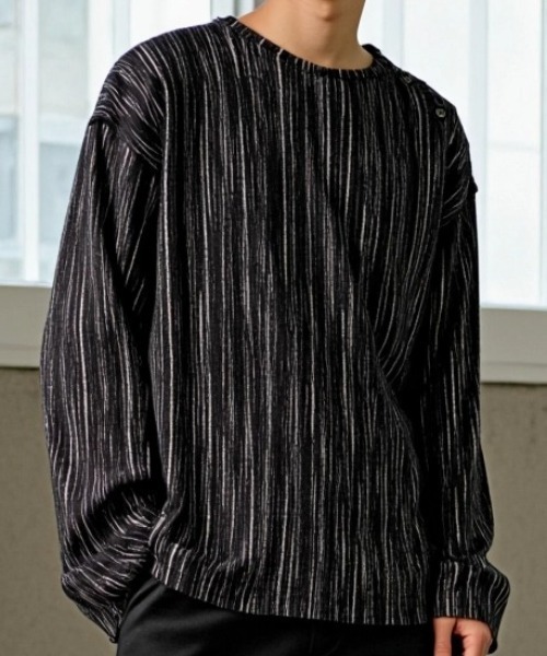 BENUSTA(ベヌスタ)の「A'GEM/9 × .kom 『BENUSTA/ベヌスタ』 Metallic Pleated Rib Top/メタリックプリーツリブトップス(Tシャツ/カットソー・メンズ・ホワイト/ブラック・FREE)」の5枚目の写真