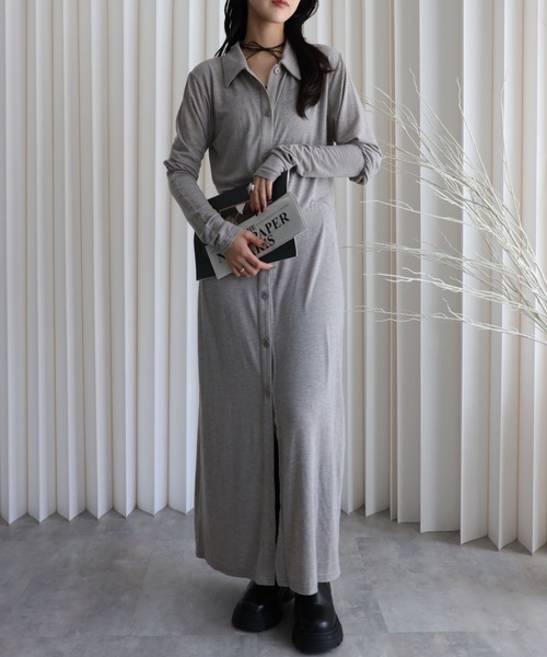 【新品タグ付】LEONARD カーディガン　ワンピース　LL セール】【 YENNA 2026 SS 新作 】襟付きメランジロングカーディガン