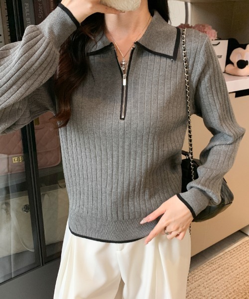 セール】ハーフジップポロ襟リブニットトップス（ニット/セーター