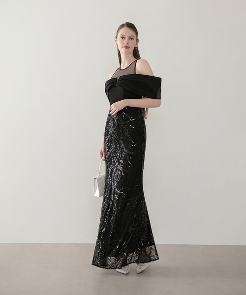 Leja(レジャ)の「【LEJA LUXE】シースルーオフショルダーデザインスパンコールマーメイドドレスワンピース美脚効果結婚式 パーティードレス 成人式 二次会 同窓会 お呼ばれ オケージョン 20代 30代(ドレス・レディース・ブラック・SMALL/MEDIUM/LARGE)」の3枚目の写真