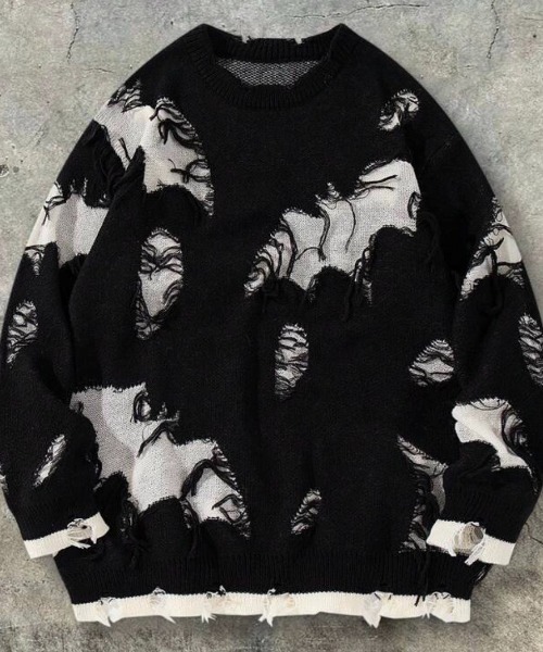 VIBGYOR（ヴィブジョー）の「【IZU】 ルーズダメージニットセーター（ニット/セーター・メンズ・ブラック・FREE）」の6枚目の写真