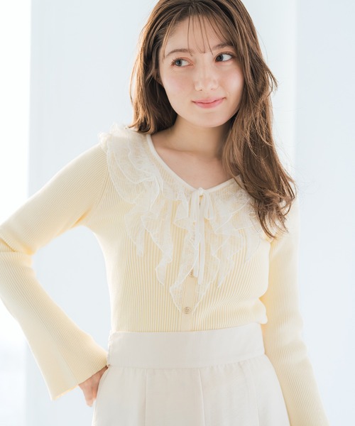 MISCH MASCH（ミッシュマッシュ）の「2026春夏新作 レースラッフル配色リボンニット（ニット/セーター・レディース・グリーン/ホワイト/イエロー・ﾌﾘ-）」の3枚目の写真