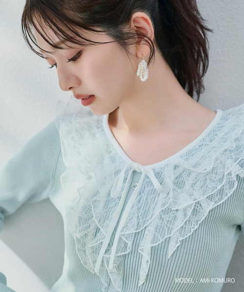 MISCH MASCH（ミッシュマッシュ）の「2026春夏新作 レースラッフル配色リボンニット（ニット/セーター・レディース・グリーン/ホワイト/イエロー・ﾌﾘ-）」の2枚目の写真