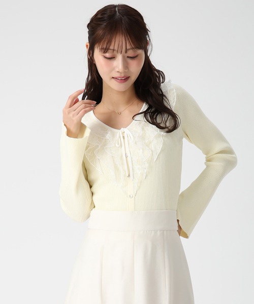 MISCH MASCH（ミッシュマッシュ）の「2026春夏新作 レースラッフル配色リボンニット（ニット/セーター・レディース・グリーン/ホワイト/イエロー・ﾌﾘ-）」の5枚目の写真