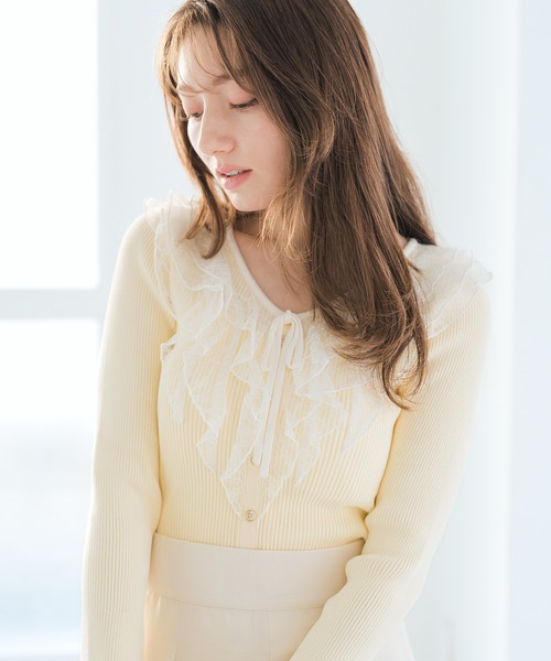 MISCH MASCH（ミッシュマッシュ）の「2026春夏新作 レースラッフル配色リボンニット（ニット/セーター・レディース・グリーン/ホワイト/イエロー・ﾌﾘ-）」の18枚目の写真